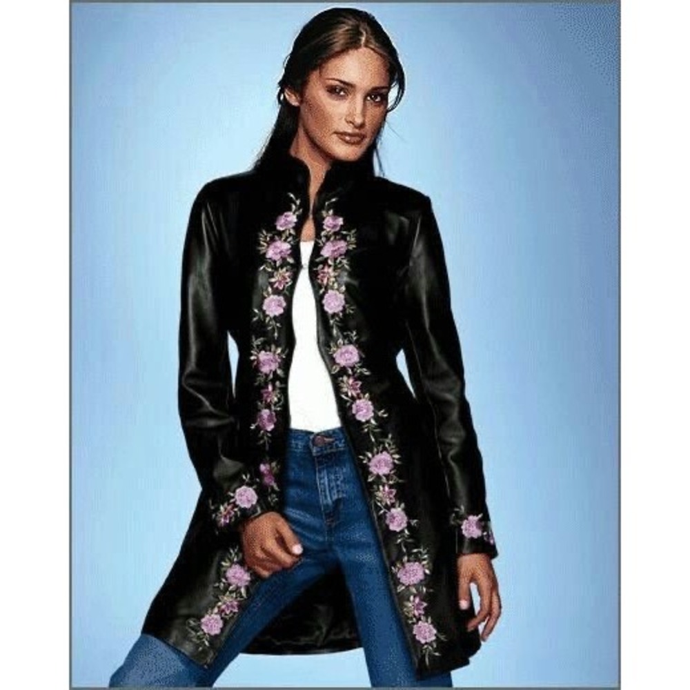 Clifford & Wills Black Leather Floral Embroidered‎ Jacket Pink Flowers Size 8